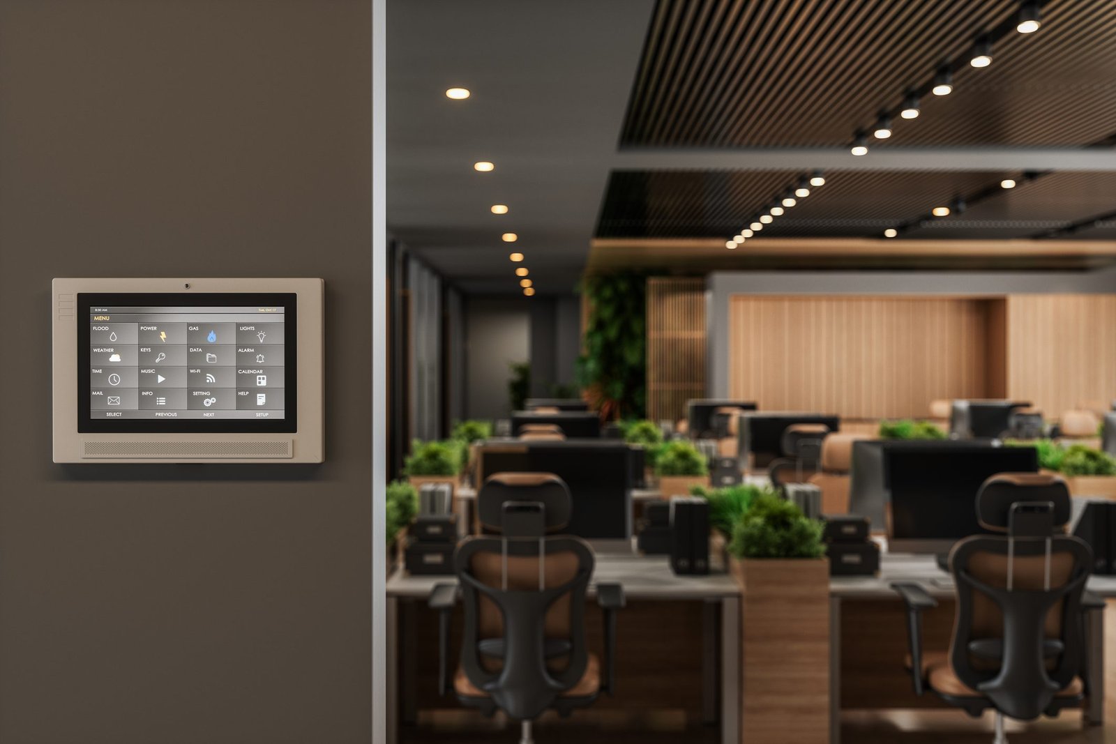 Smart lighting control panel display showing multiple lighting zones and dimming levels