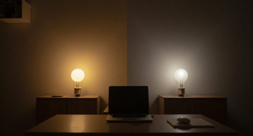 Lighting has come a long way: Lumen to Watts Guide 2025 1 LED and incandescent bulbs side by side scaled e1755246788139